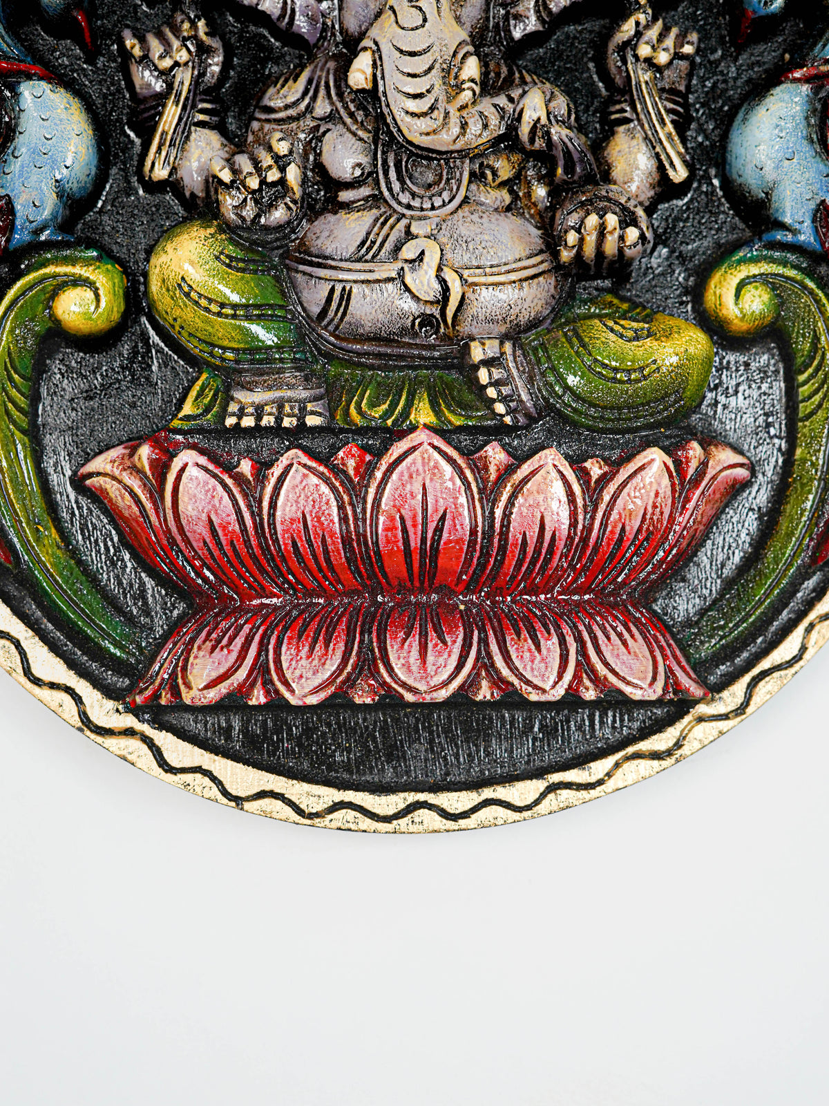 Wooden Carved Ganesha Round Frame - Purple - 12 inch - WL5620-1
