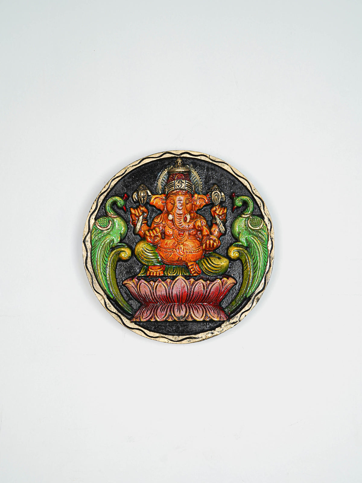 Wooden Carved Ganesha Round Frame - Orange - 12 inch - WL5620-2