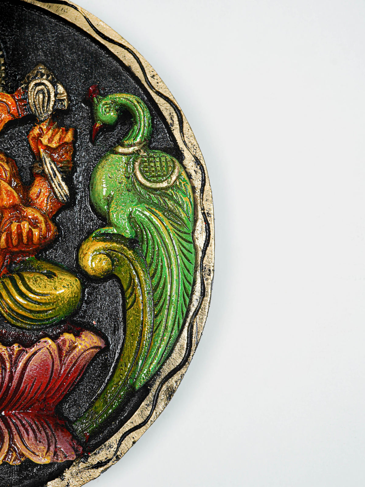 Wooden Carved Ganesha Round Frame - Orange - 12 inch - WL5620-2