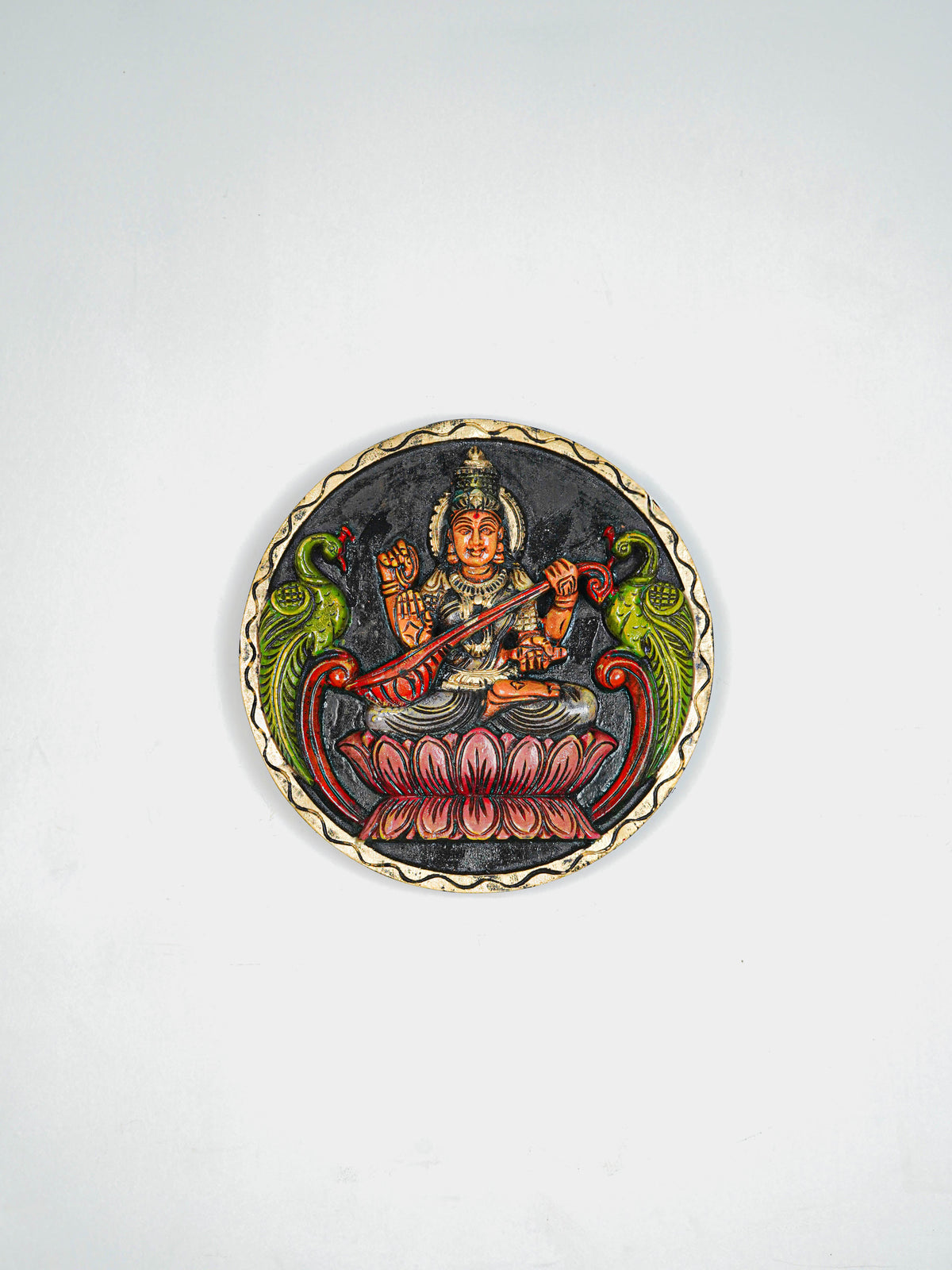 Wooden Carved Lakshmi Round Frame - Voilet - 12 inch - WL5621-1