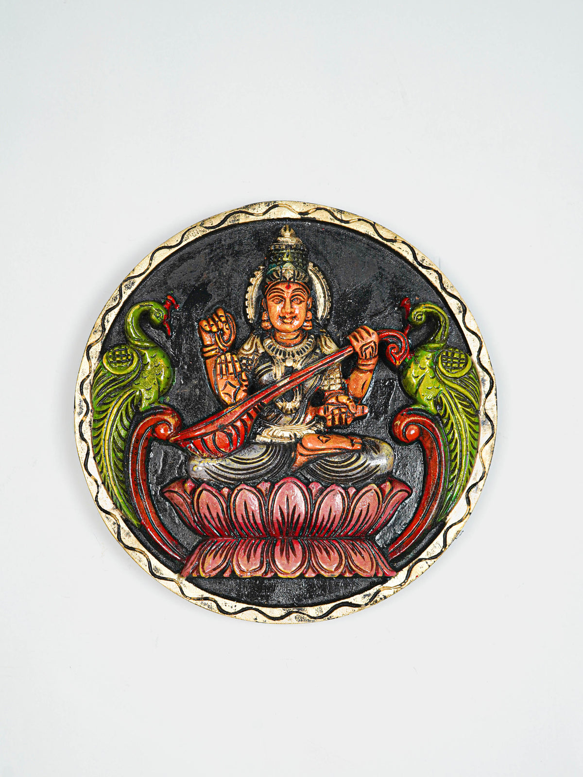 Wooden Carved Lakshmi Round Frame - Voilet - 12 inch - WL5621-1