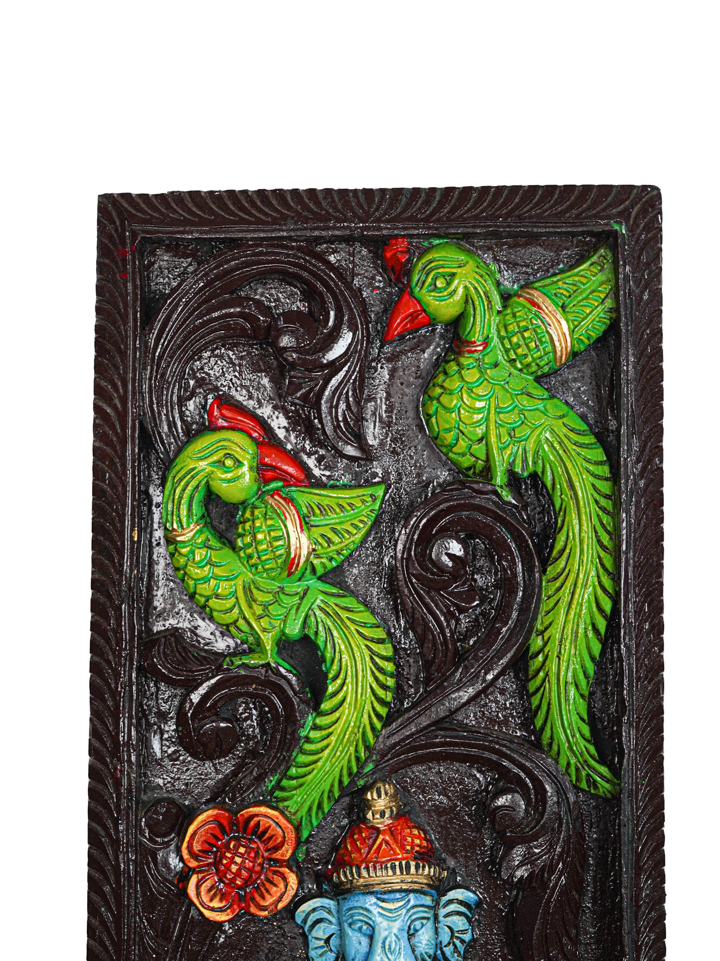 Wooden Carved Ganesha with Parrot Wall Hanging Frame - 24 inch - WL5623
