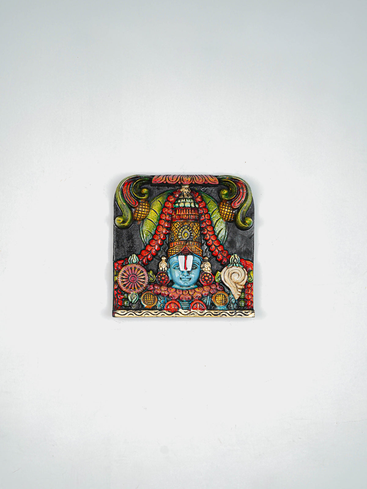 Wooden Carved Tirupathi Balaji with Flower Design Wall Hanging Frame - 12 inch - WL5643