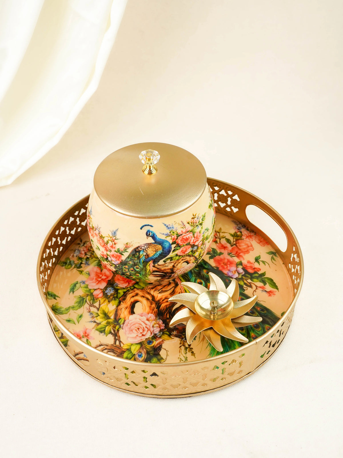 Peacock Themed Metal Tray with Dry Fruit Jar and Diya Set - WL6064