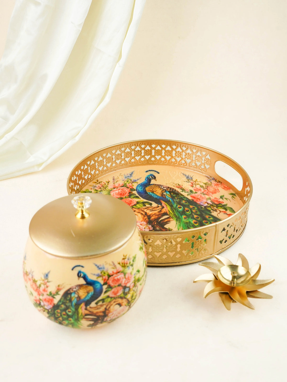 Peacock Themed Metal Tray with Dry Fruit Jar and Diya Set - WL6064