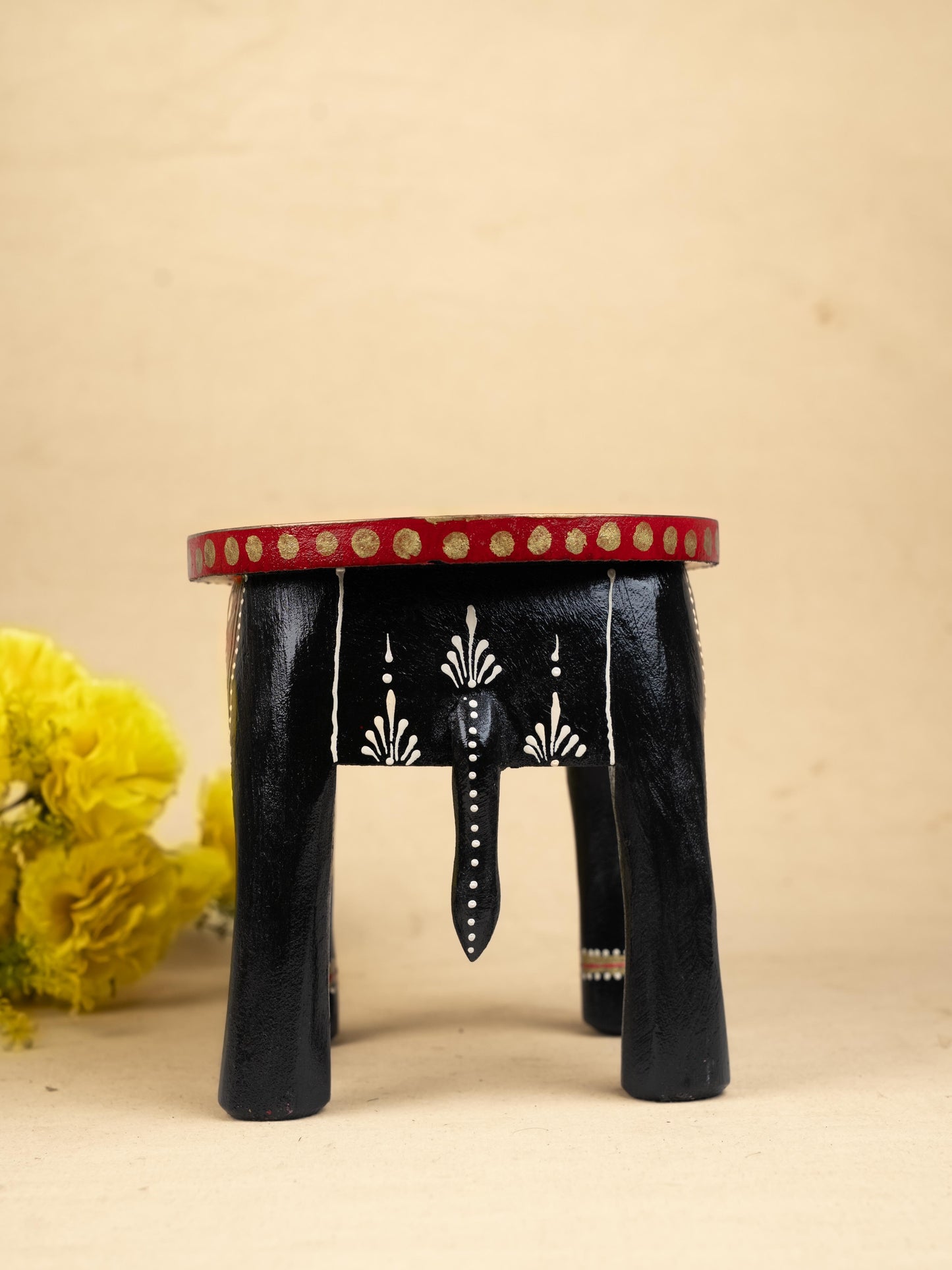 Hand Painted Elephant Stool - Black - 7 inch - WL5220