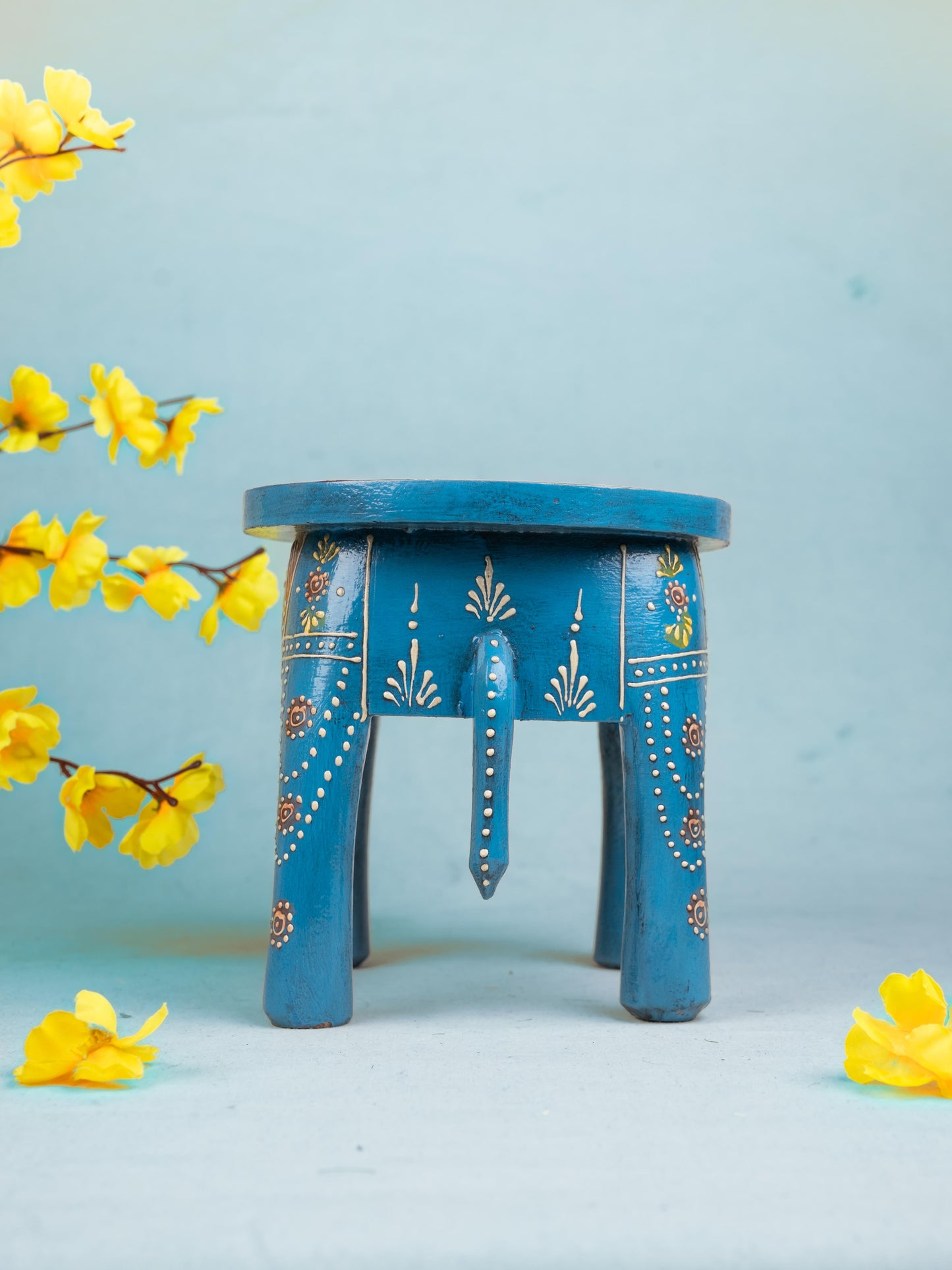 Hand Painted Elephant Stool - Blue - 7 inch - WL5222