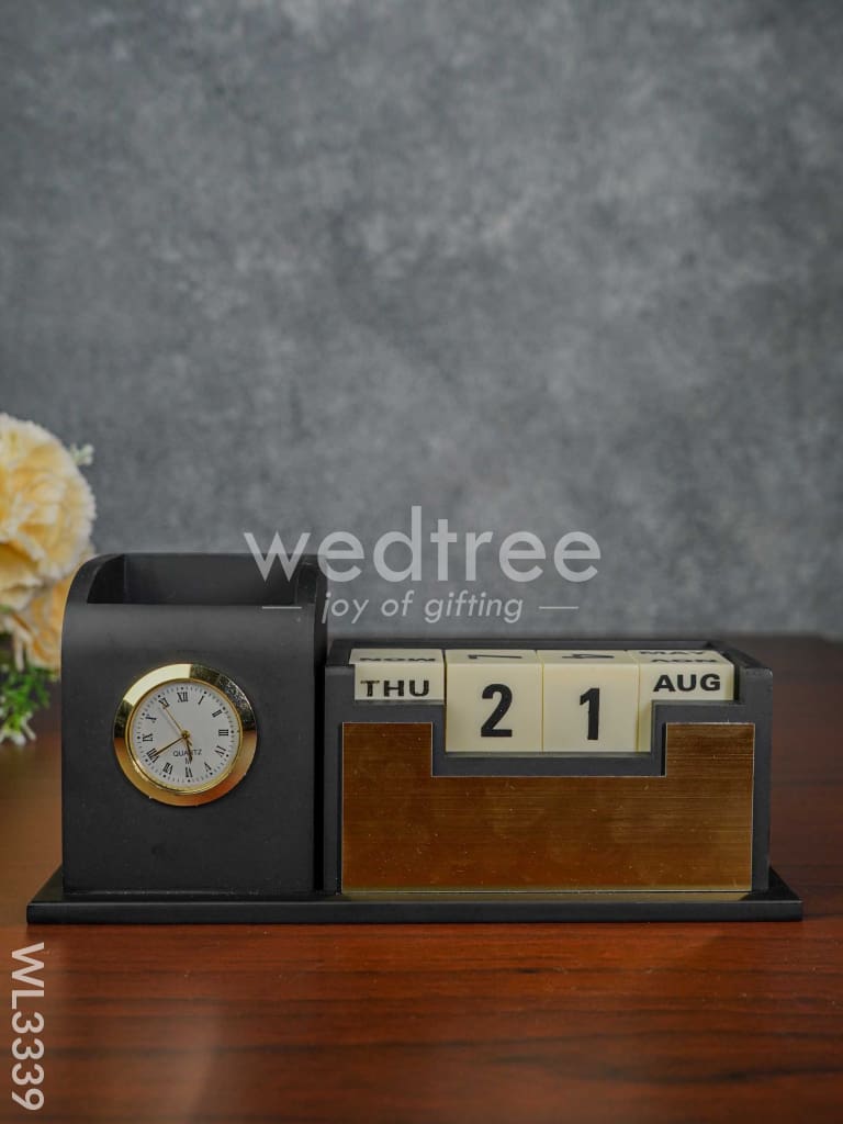 Black Matte Finish Pen Stand with Clock & Calender - WL3339