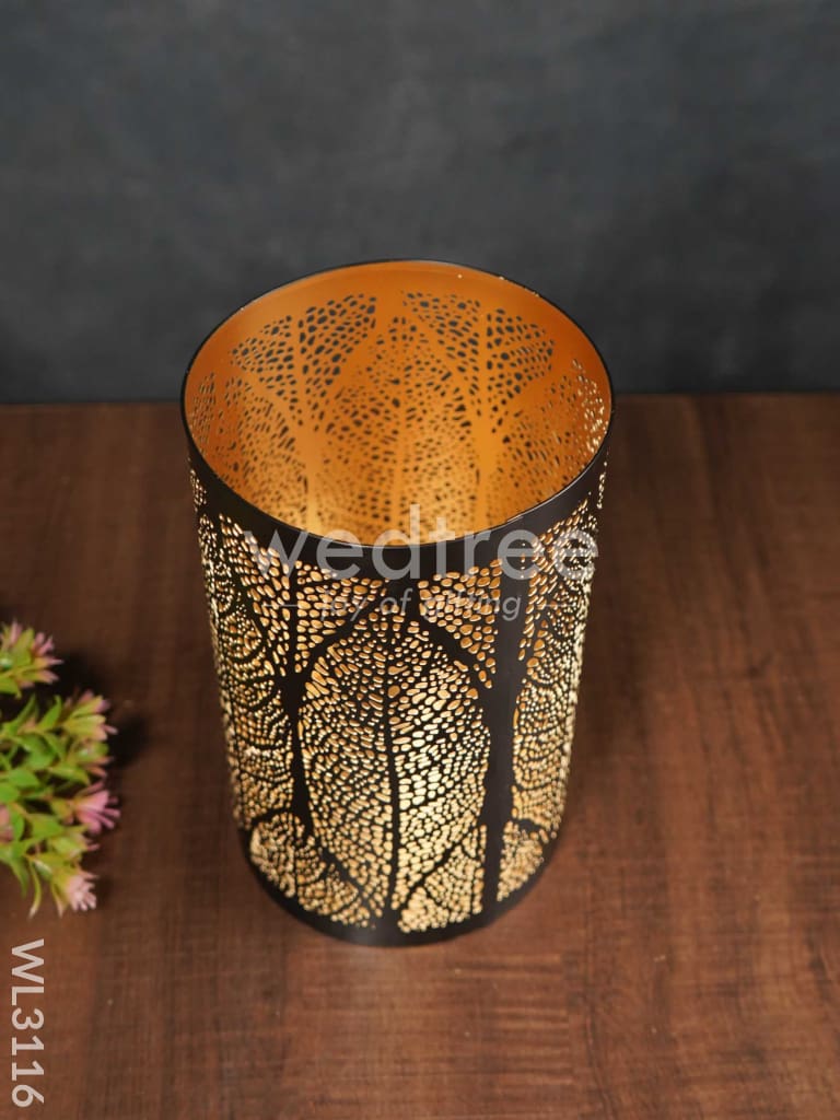 Black Matte Votive in Leaf Design Jhaali Pattern - Big - WL3116