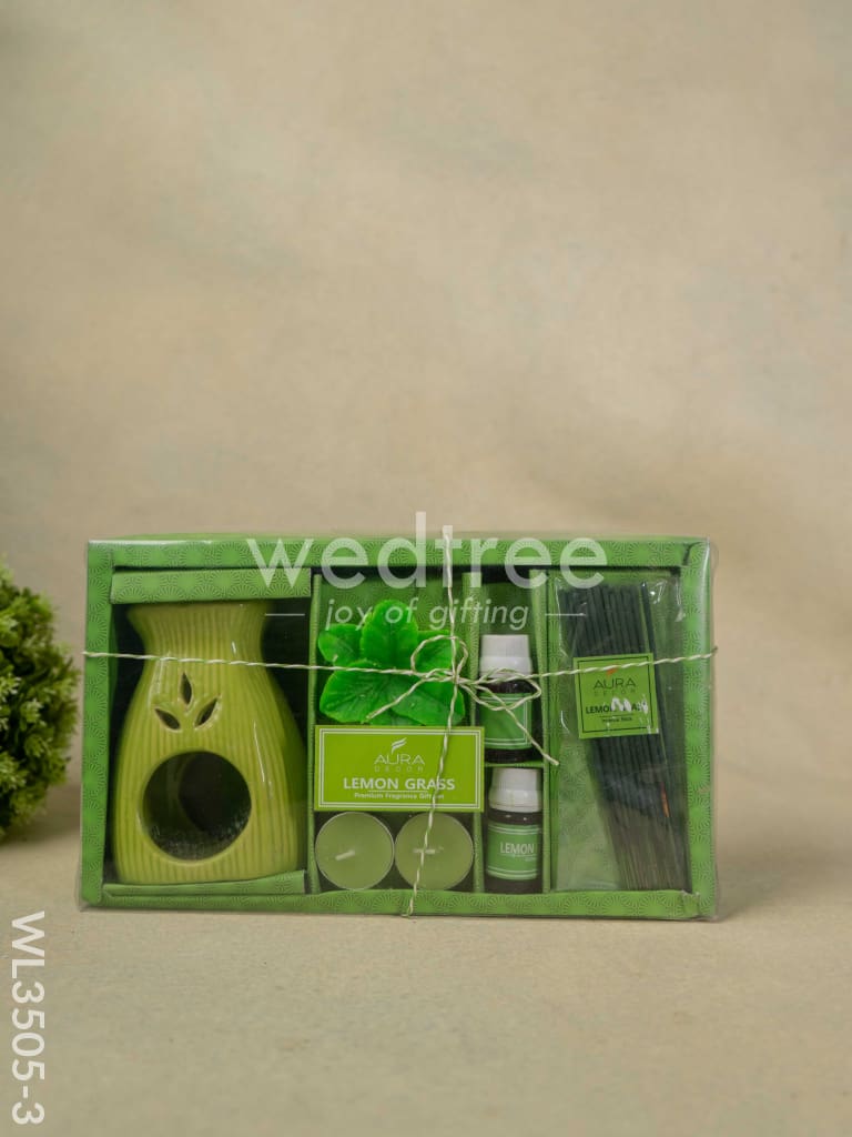 Blue Pottery Diffuser Candle Holder with Lemon Grass Oil and Incense Sticks - WL3505-3