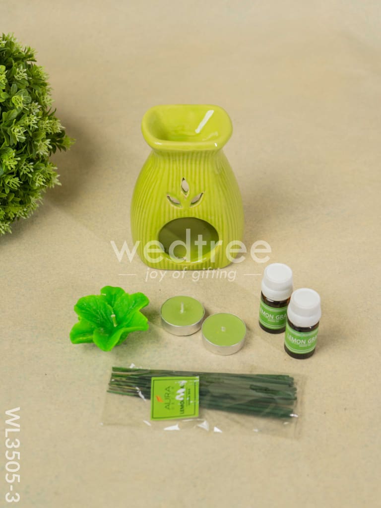 Blue Pottery Diffuser Candle Holder with Lemon Grass Oil and Incense Sticks - WL3505-3
