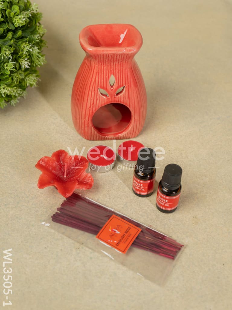 Blue Pottery Diffuser Candle Holder with Rose Oil and Incense Sticks - WL3505-1