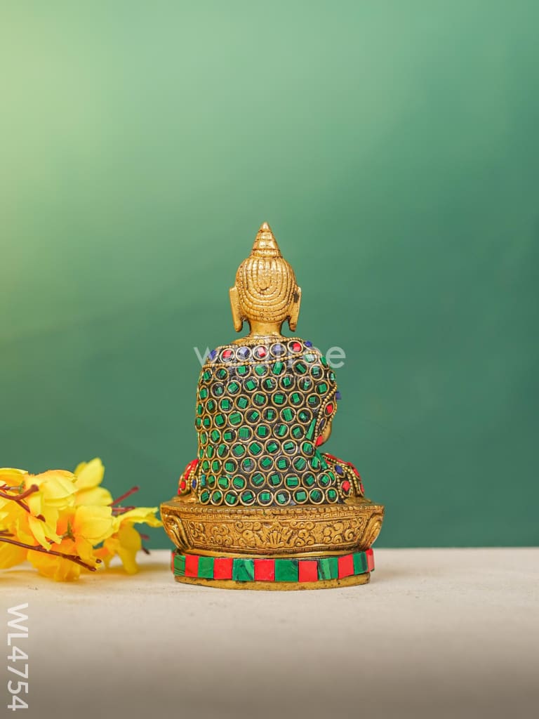 Brass Buddha Idol with Stonework - 7 inch - WL4754