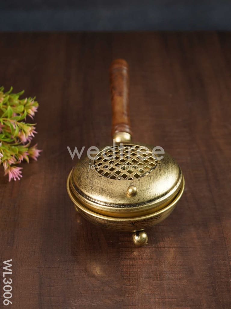 Brass Coated Dhoop Dhani with Wooden Handle - WL3006