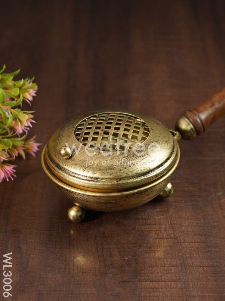 Brass Coated Dhoop Dhani with Wooden Handle - WL3006