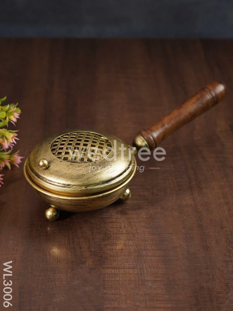 Brass Coated Dhoop Dhani with Wooden Handle - WL3006