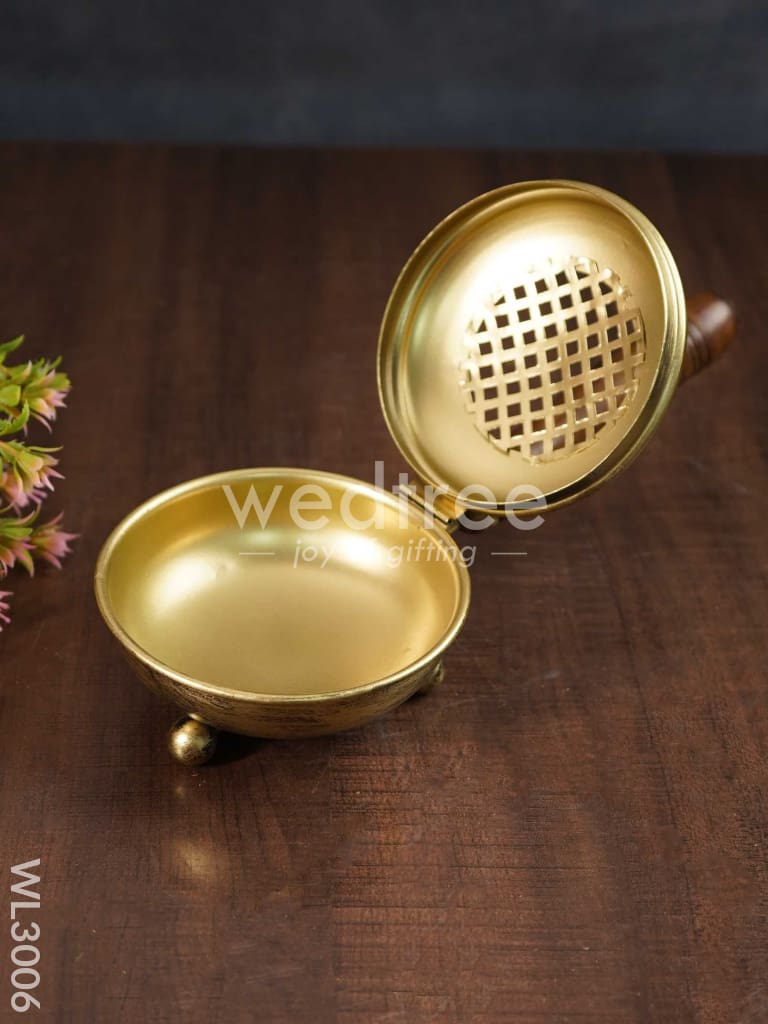 Brass Coated Dhoop Dhani with Wooden Handle - WL3006