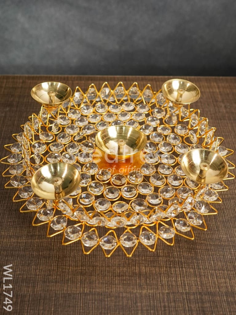 Brass Decorative Lotus Leaf Shaped Crystal Diya - WL1749