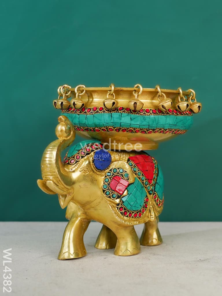 Brass Elephant Urli with Tile Work - WL4382