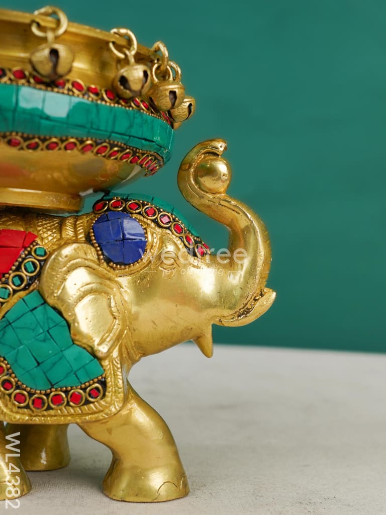 Brass Elephant Urli with Tile Work - WL4382