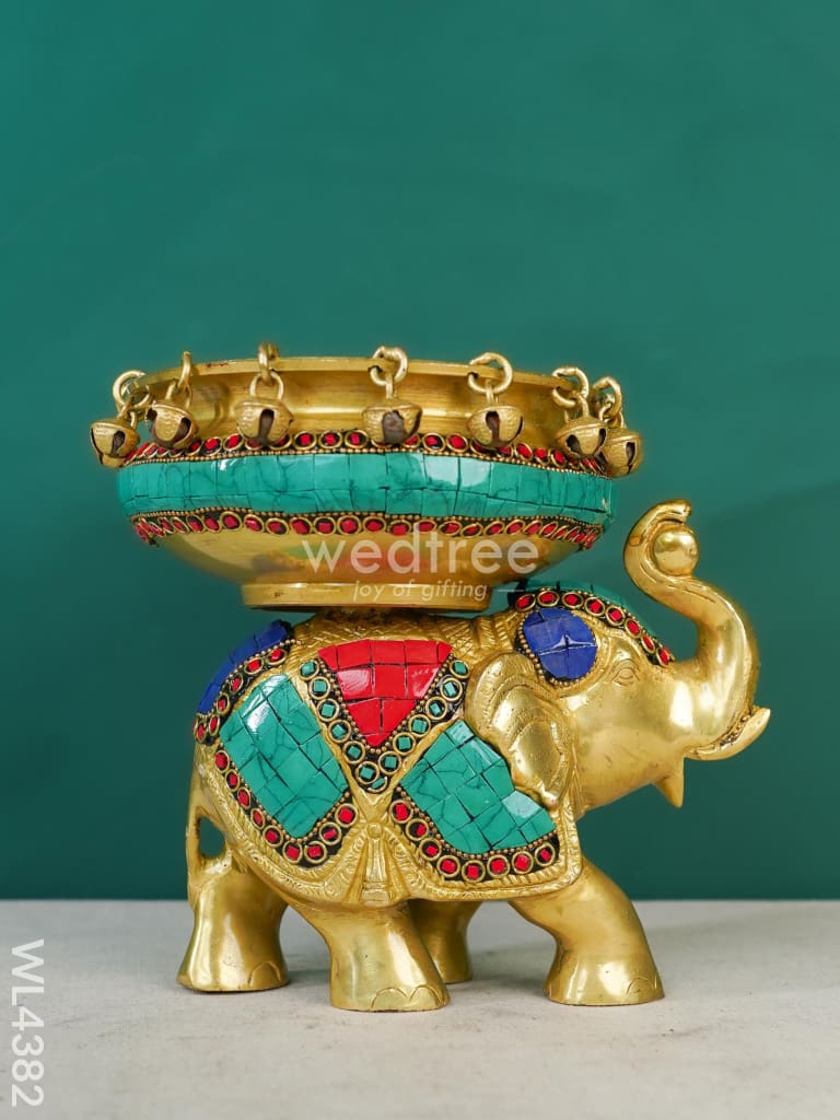 Brass Elephant Urli with Tile Work - WL4382