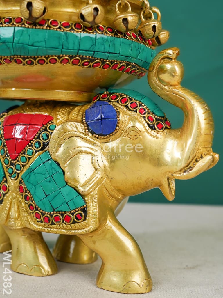 Brass Elephant Urli with Tile Work - WL4382
