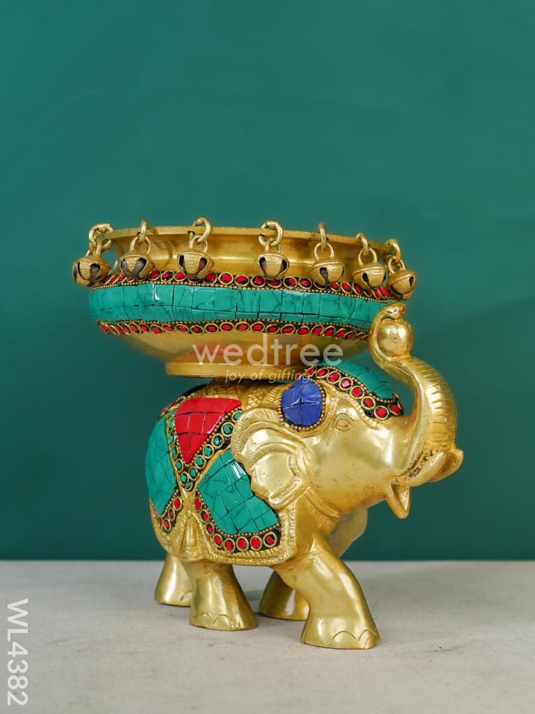 Brass Elephant Urli with Tile Work - WL4382