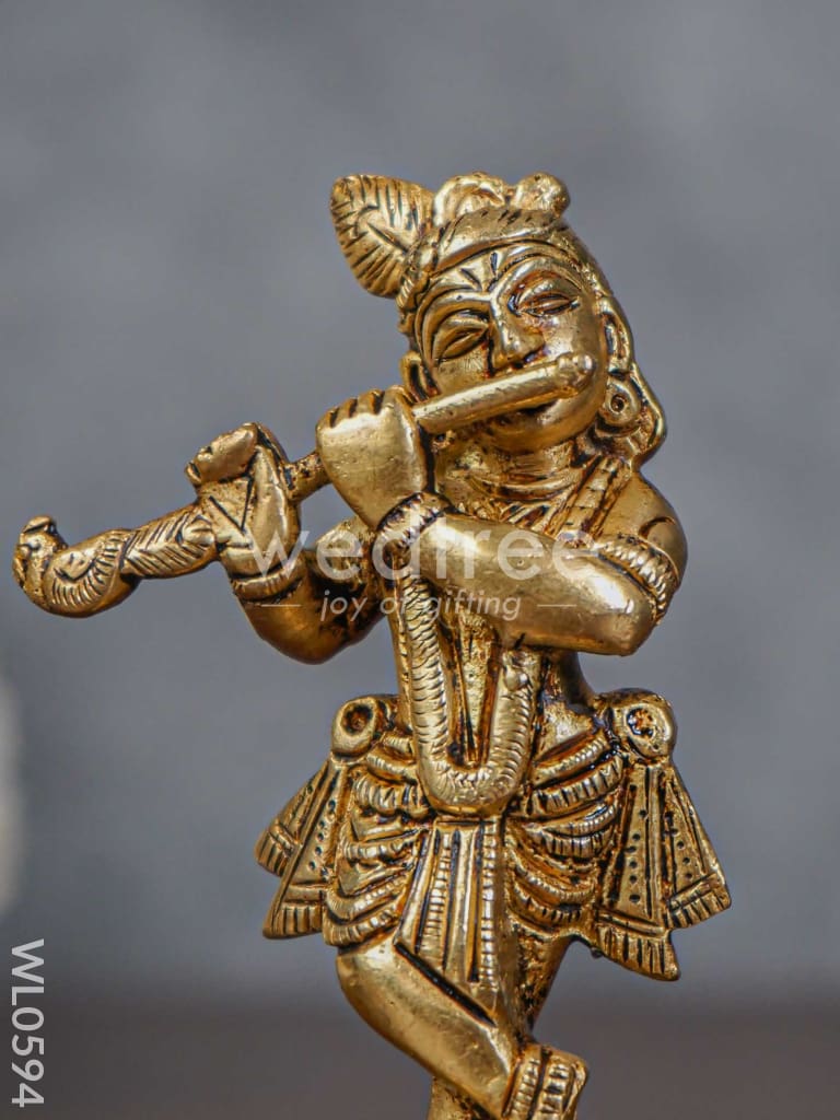 Brass Flute Krishna Idol - Brown Antique Finish - Small - WL0594