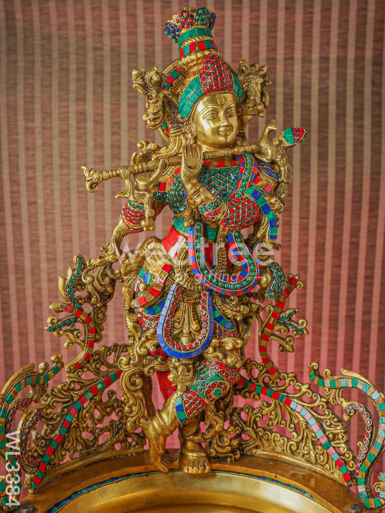 Brass Flute Krishna Urli with Diya and Bell - WL3384