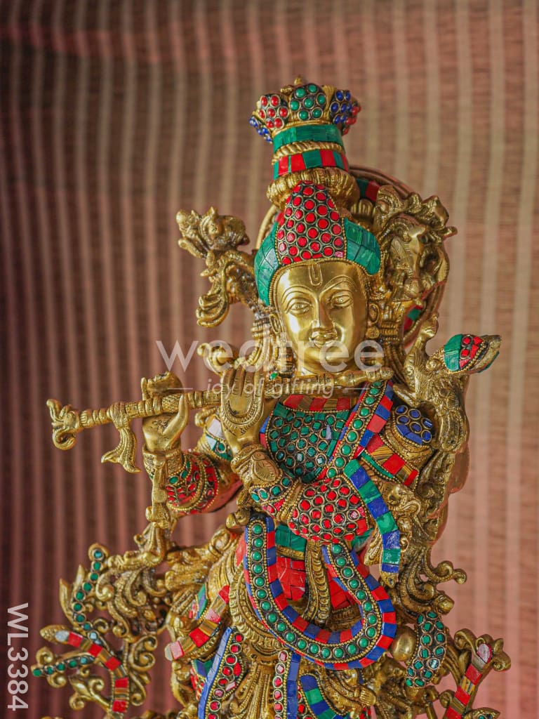 Brass Flute Krishna Urli with Diya and Bell - WL3384
