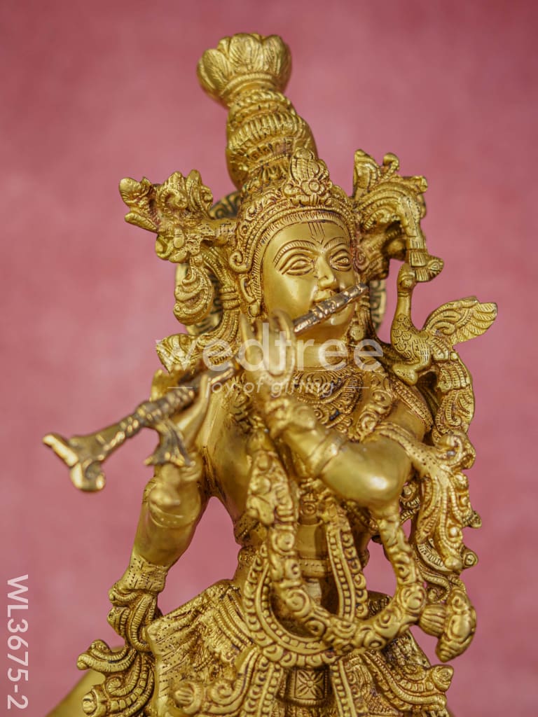 Brass Flute Krishna with Cow (Brown Antique Finish) - 23 inch - WL3675-2