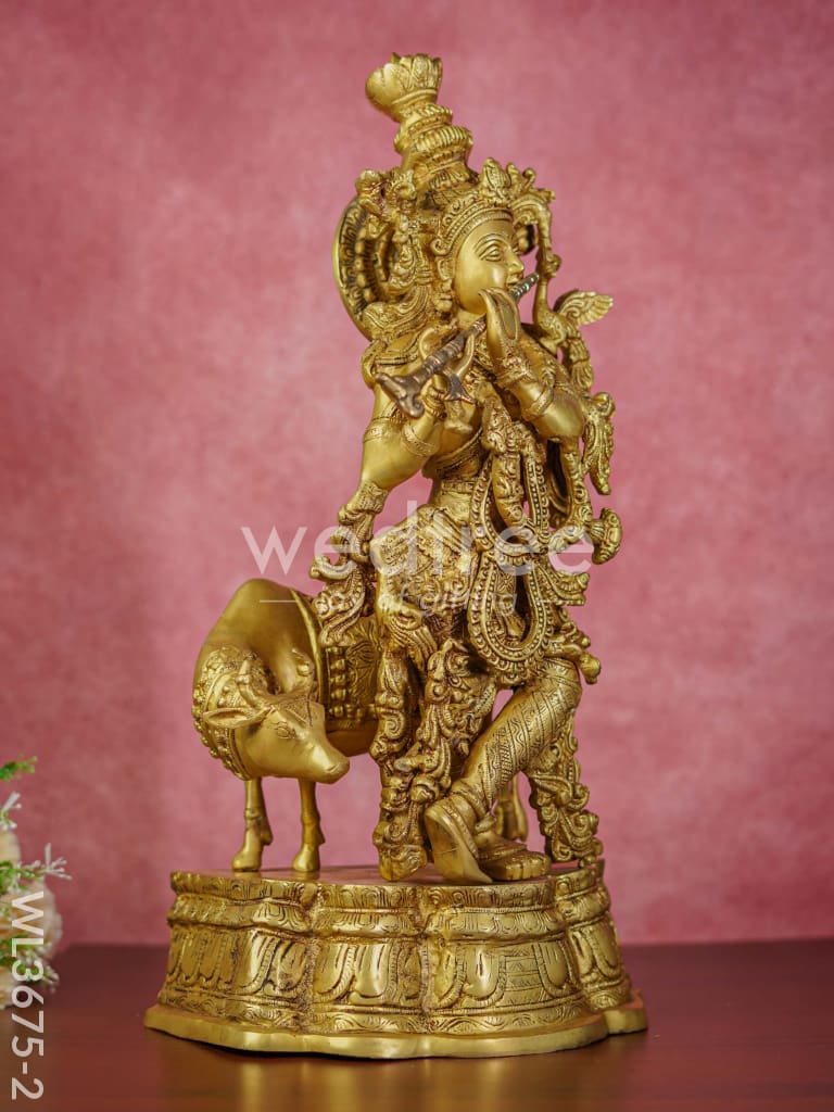 Brass Flute Krishna with Cow (Brown Antique Finish) - 23 inch - WL3675-2