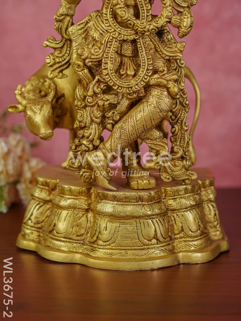 Brass Flute Krishna with Cow (Brown Antique Finish) - 23 inch - WL3675-2