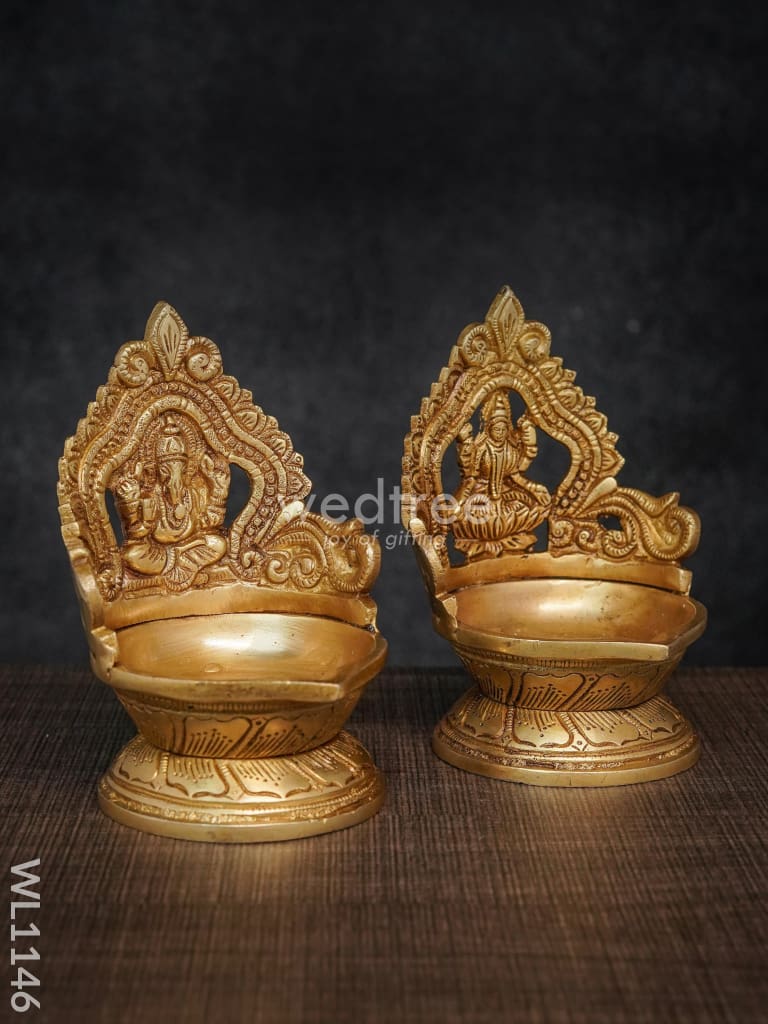 Brass Ganesh Lakshmi Diya with Round Base - Brown Antique Finish - WL1146