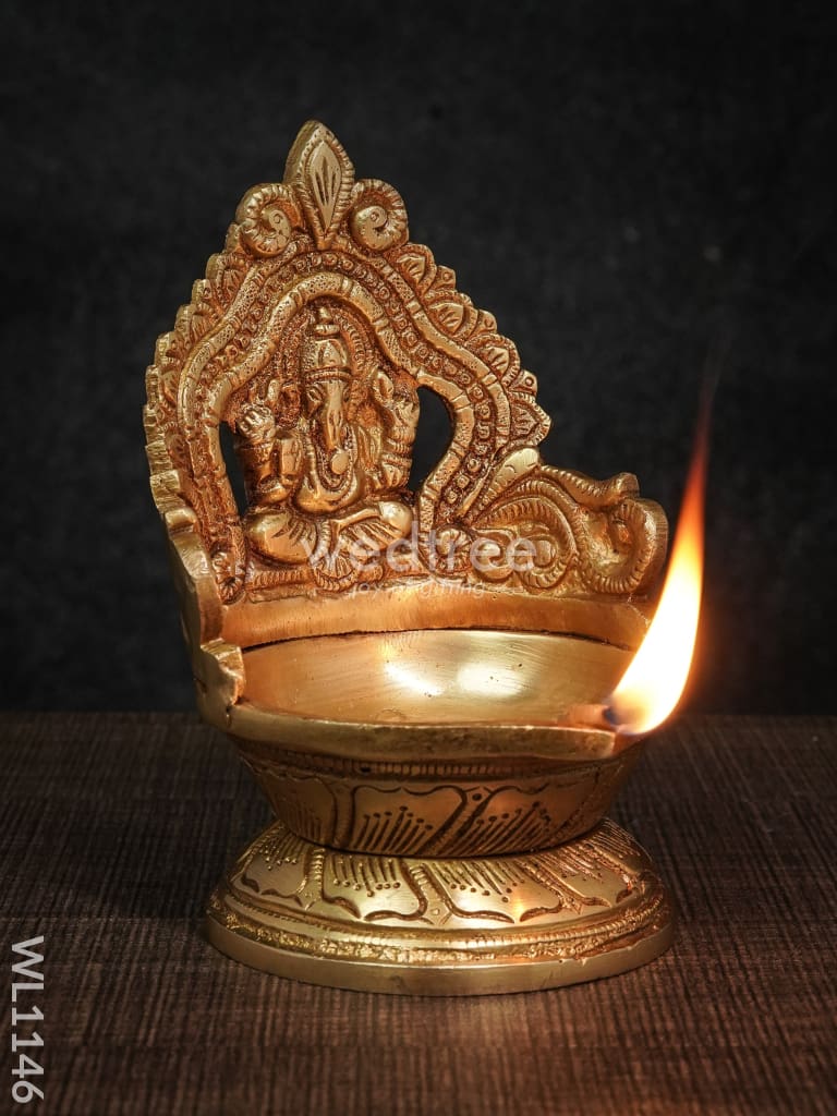 Brass Ganesh Lakshmi Diya with Round Base - Brown Antique Finish - WL1146