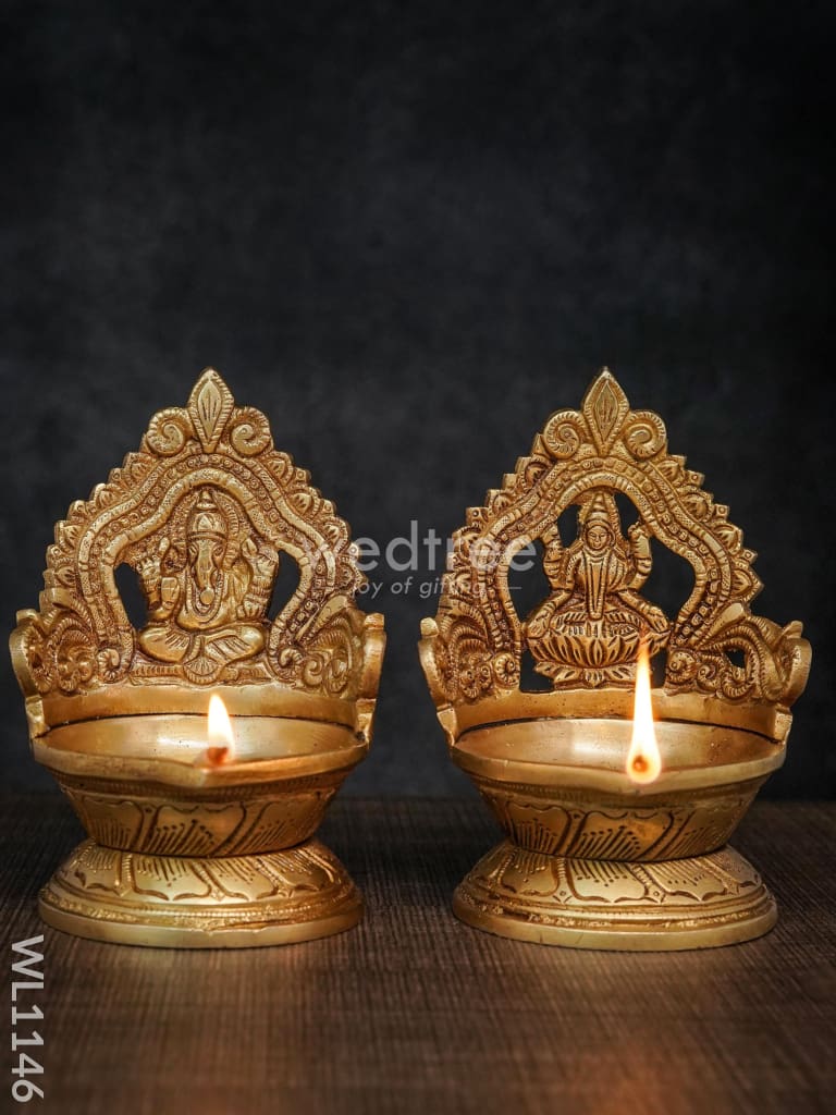 Brass Ganesh Lakshmi Diya with Round Base - Brown Antique Finish - WL1146
