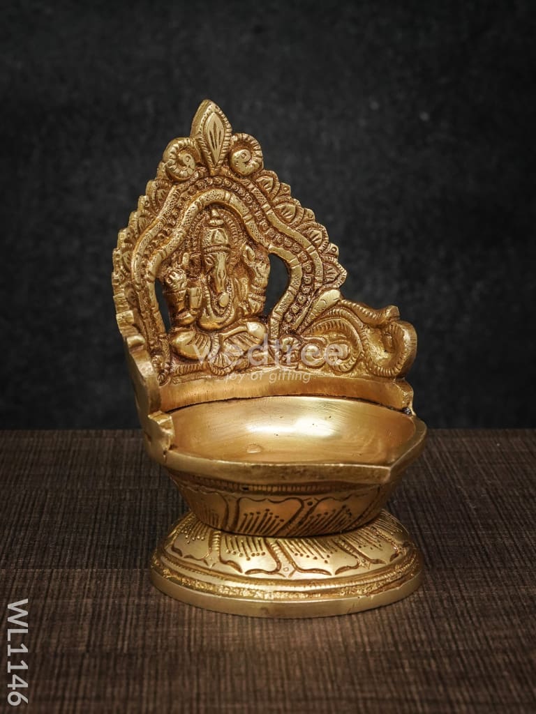 Brass Ganesh Lakshmi Diya with Round Base - Brown Antique Finish - WL1146