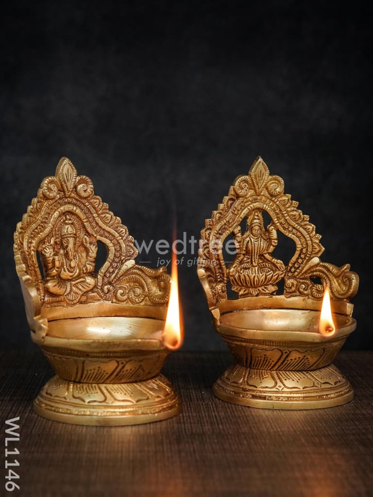 Brass Ganesh Lakshmi Diya with Round Base - Brown Antique Finish - WL1146