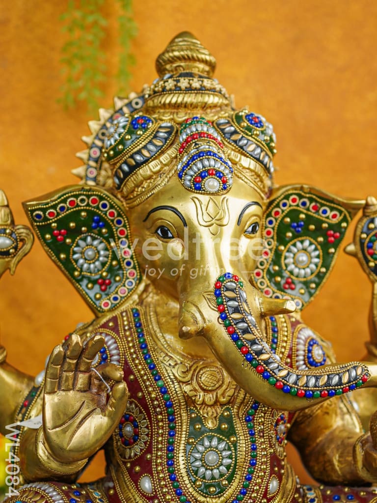 Brass Ganesha Idol with Multicolour Stone Work - WL4084