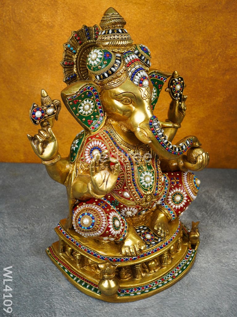 Brass Ganesha Idol with Stone Work - WL4109