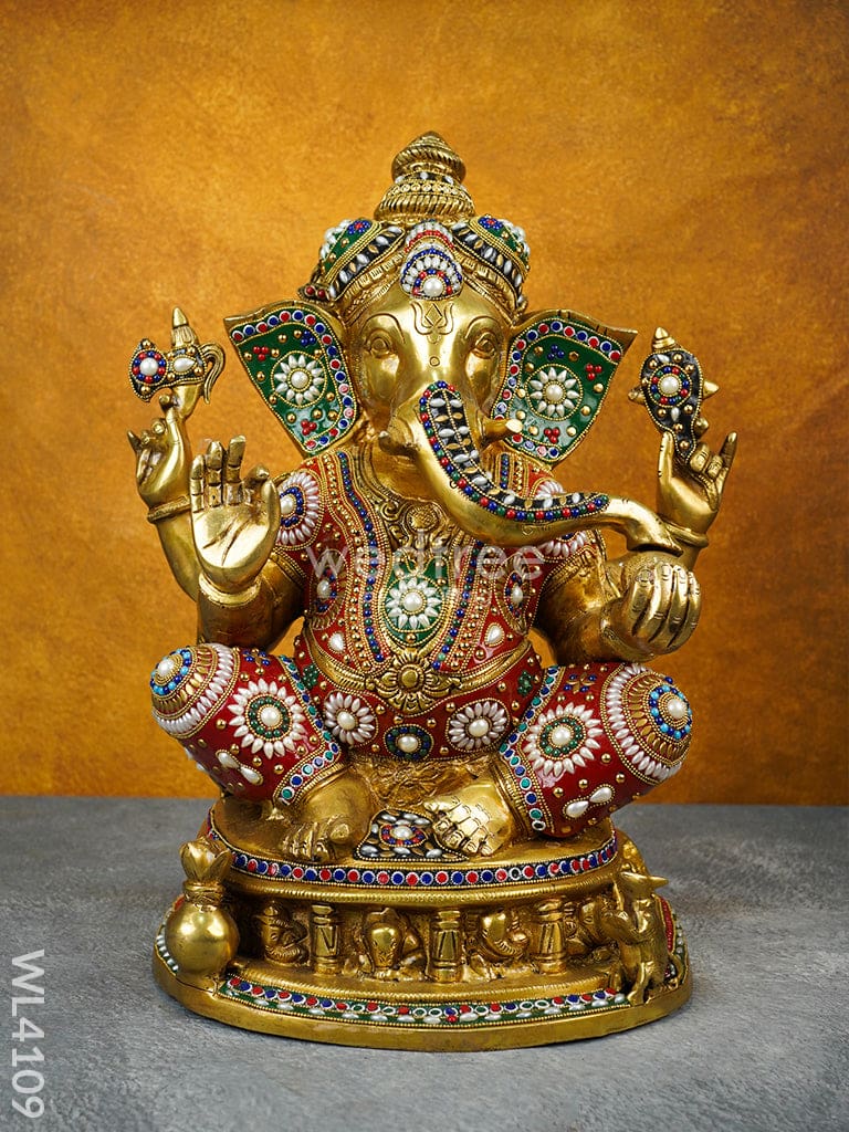 Brass Ganesha Idol with Stone Work - WL4109