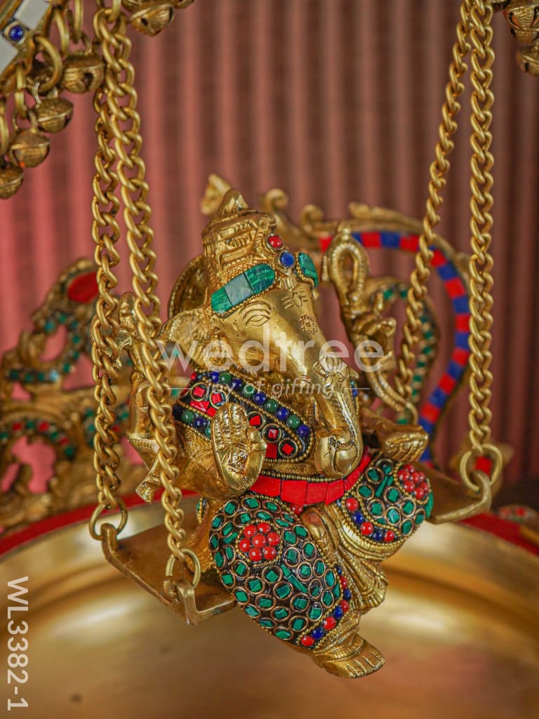 Brass Ganesha Jhoola Urli With 7 Diya and Bells - WL3382-1