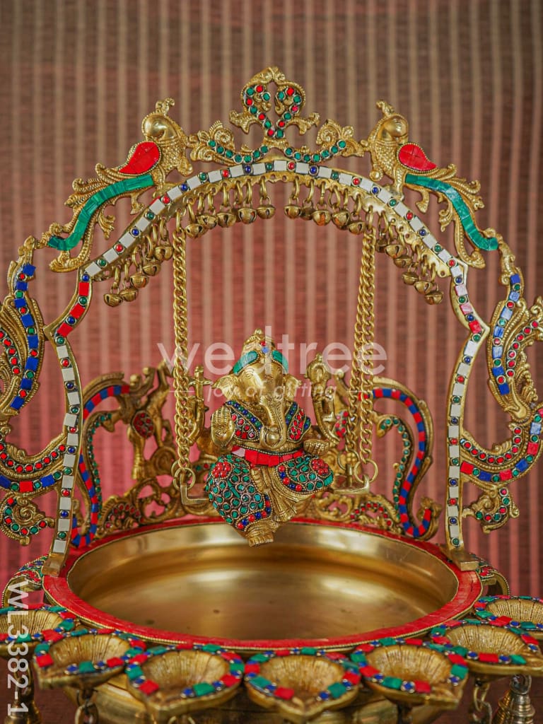 Brass Ganesha Jhoola Urli With 7 Diya and Bells - WL3382-1