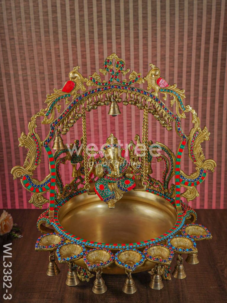 Brass Ganesha Jhoola Urli With 7 Diya and Bells - WL3382-3