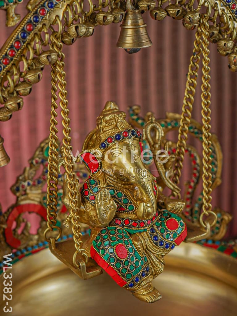 Brass Ganesha Jhoola Urli With 7 Diya and Bells - WL3382-3