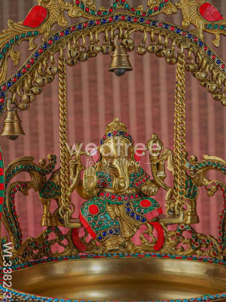 Brass Ganesha Jhoola Urli With 7 Diya and Bells - WL3382-3