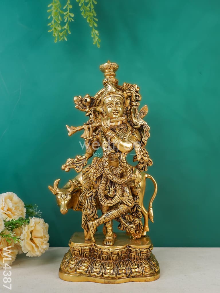 Brass Krishna & Cow Figurine - WL4387