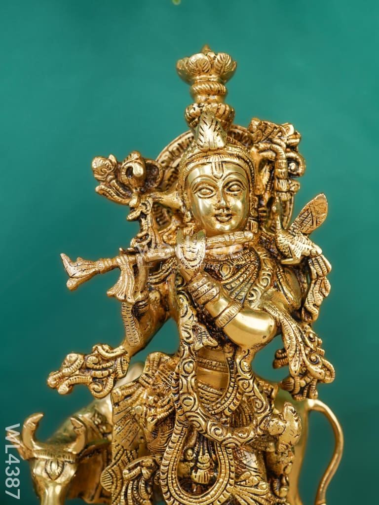 Brass Krishna & Cow Figurine - WL4387