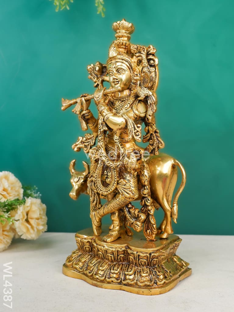 Brass Krishna & Cow Figurine - WL4387
