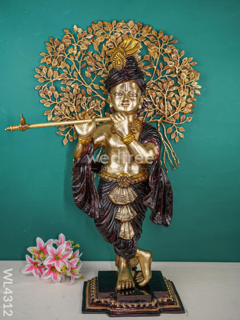 Brass Krishna Idol With Brass Kalpavriksha Tree - WL4312